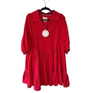 NWT Umgee Red Babydoll Mini Dress Ruffle Collar Cotton Medium